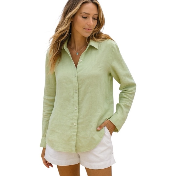 J. Jill Tops - J.Jill Medium Green 100% Linen Long Sleeve Button Up Top Natural Fiber